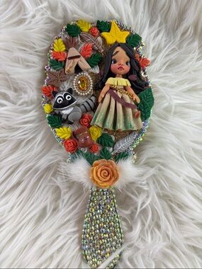 Pocahontas Handcrafted Floral Doll & Raccoon Decorative Vintage Mirror